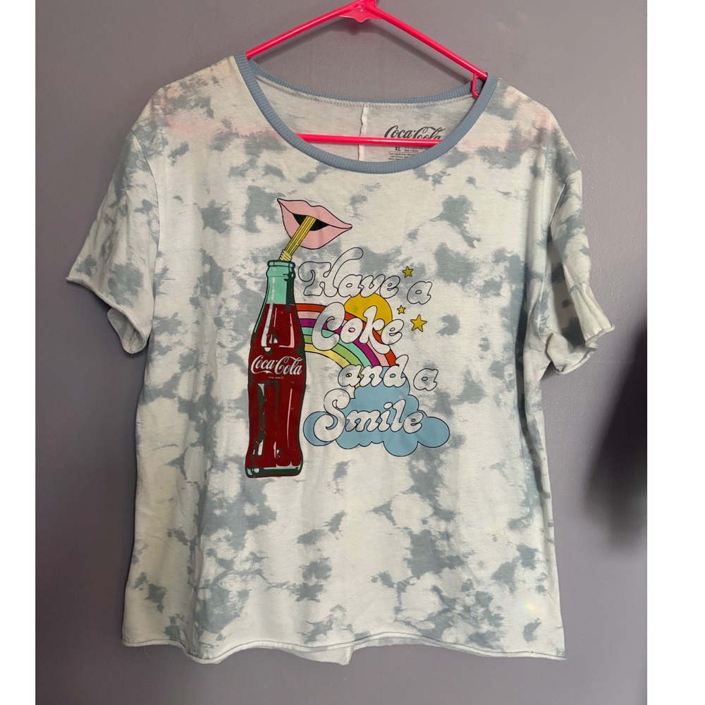 Coca-Cola Womens XL Tie Dye Graphic T-Shirt Have a Coke and a Smile Blue White